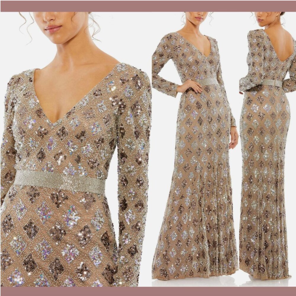 NWT $598 Mac Duggal [ 10 ] Geometric Embellished V Neck Evening Gown Mocha #Q716